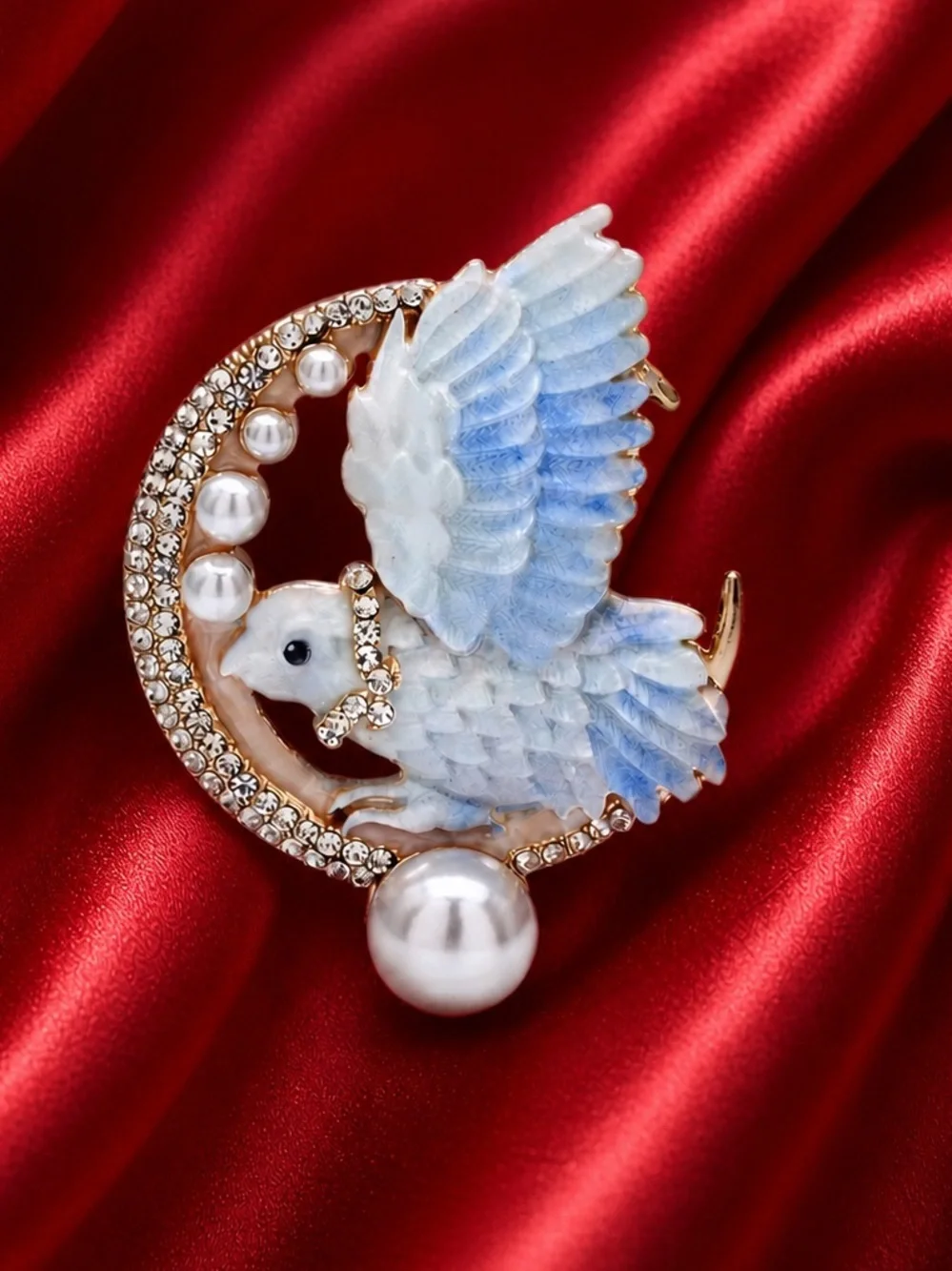 Celestial White Blue Bird Pearl Crystal Brooch